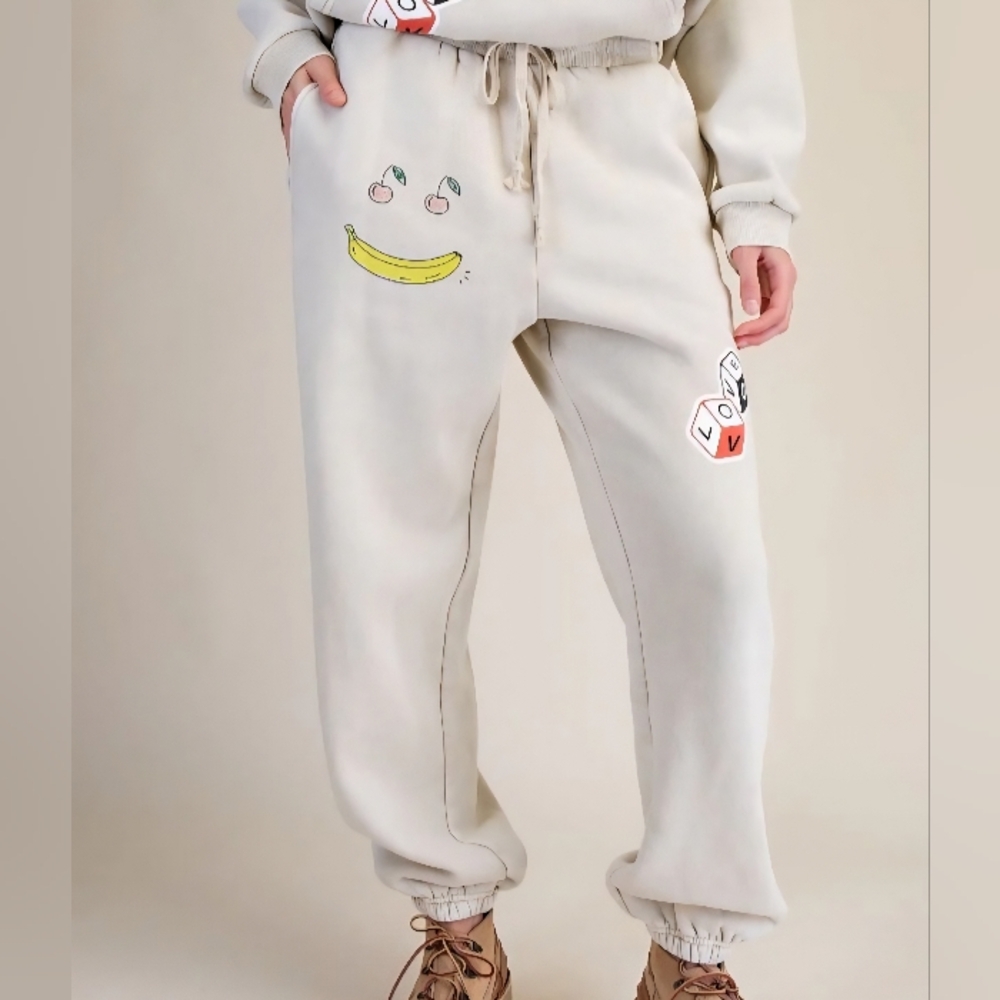 Easel fleece Streetwear joggers light beige with graphics size Large